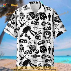 White Aloha Star Wars Hawaiian Shirt, Black Pattern Summer Beach Gift