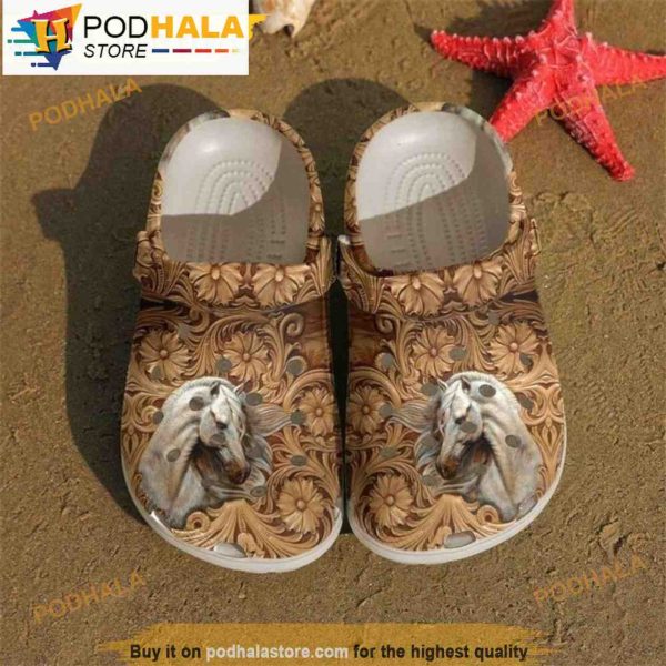 White Horse Wooden 3D Funny Crocs Clog Shoes