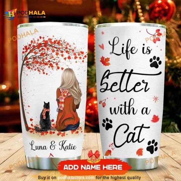 Winter With Your Cat Personalized Maple Leaves Coffee Tumbler