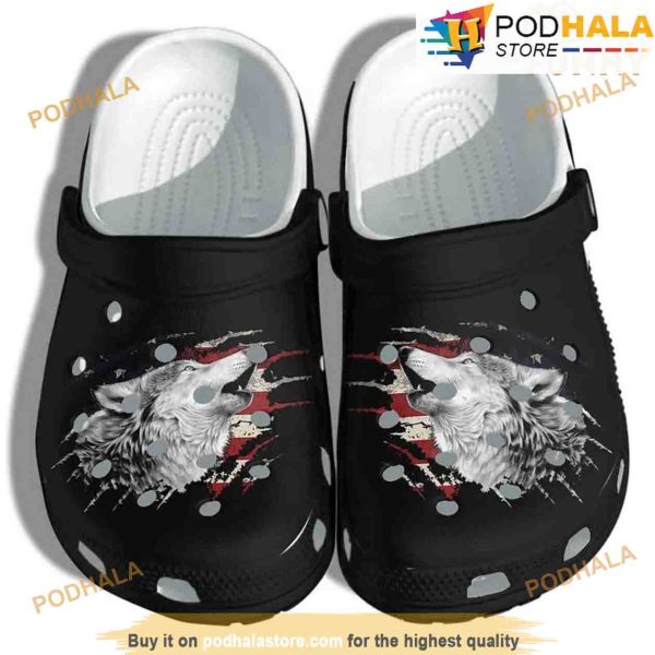 Wolf Scratch Art Usa Flag Black 3D Funny Crocs