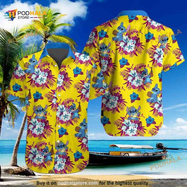 Yellow Aloha Disney Stitch Funny Hawaiian Shirt Tropical Flower Pattern