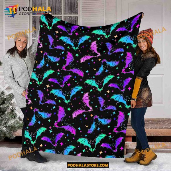 Bat Fleece Blanket, Colorful Bat Blanket, Bats & Stars, Halloween Decor