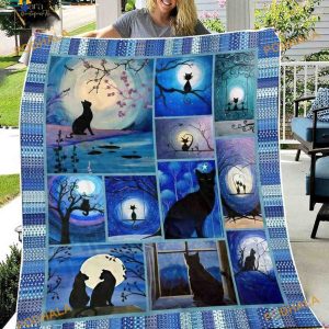 Black Cat And Moon Halloween Fleece Blanket, Quilt