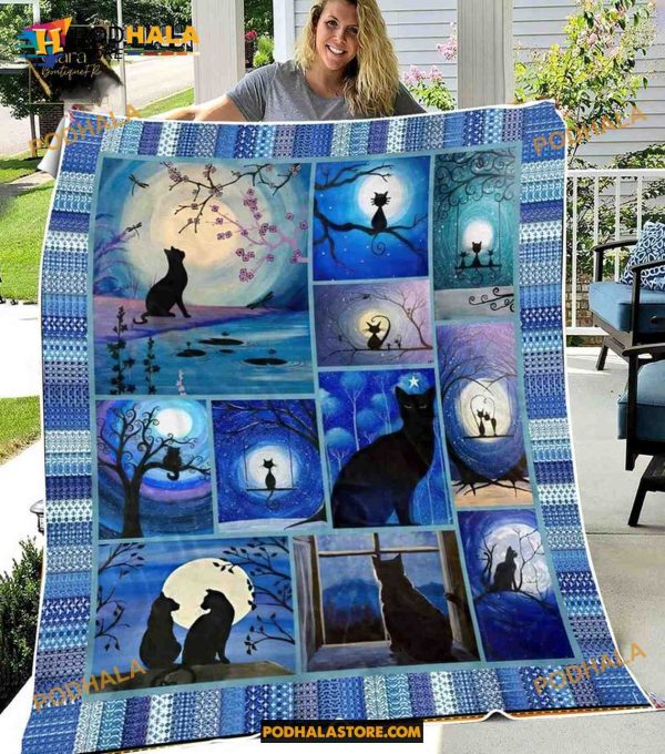 Black Cat And Moon Halloween Fleece Blanket, Quilt