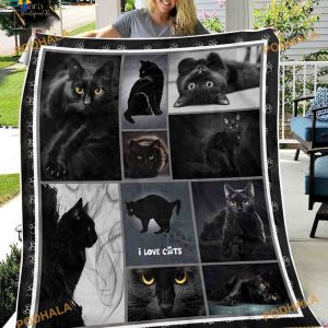 Black Cat Fleece Blanket, I Love Cats Quilt For Women Men