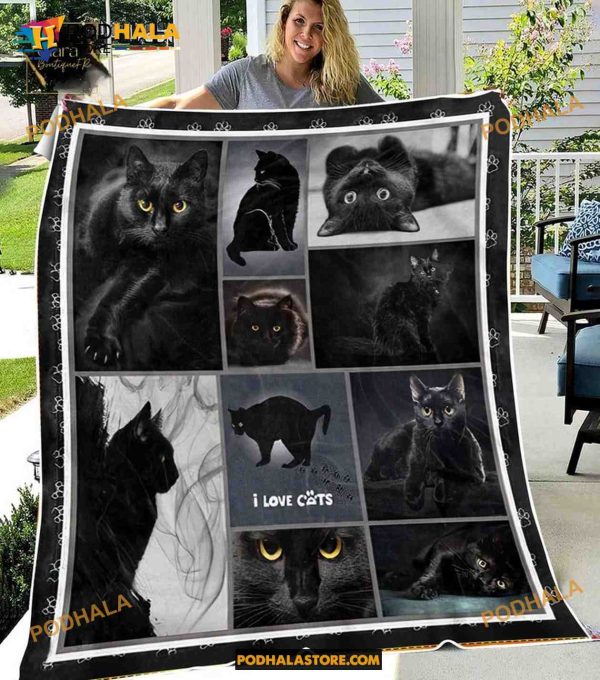 Black Cat Fleece Blanket, I Love Cats Quilt For Women Men