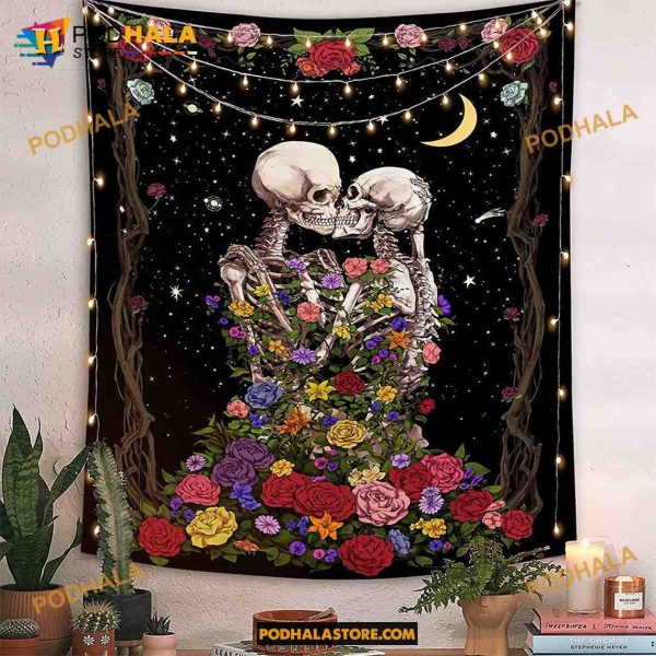 Black White Simple Skull Print Hippie Skeleton Halloween Blanket, Quilt
