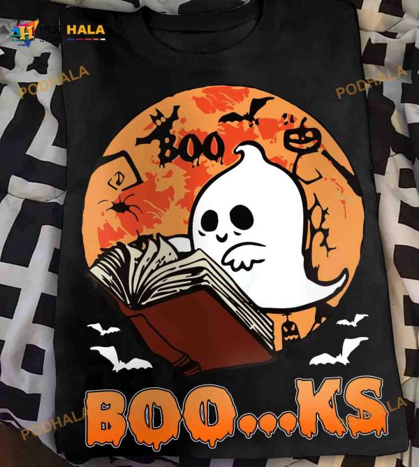 Books Ghost White Ghost Reading Books Halloween Costume Shirt