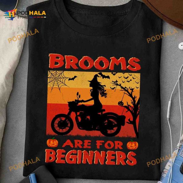 Brooms Are For Beginners Witch Driving Motorcycle Halloween Shirt For Biker