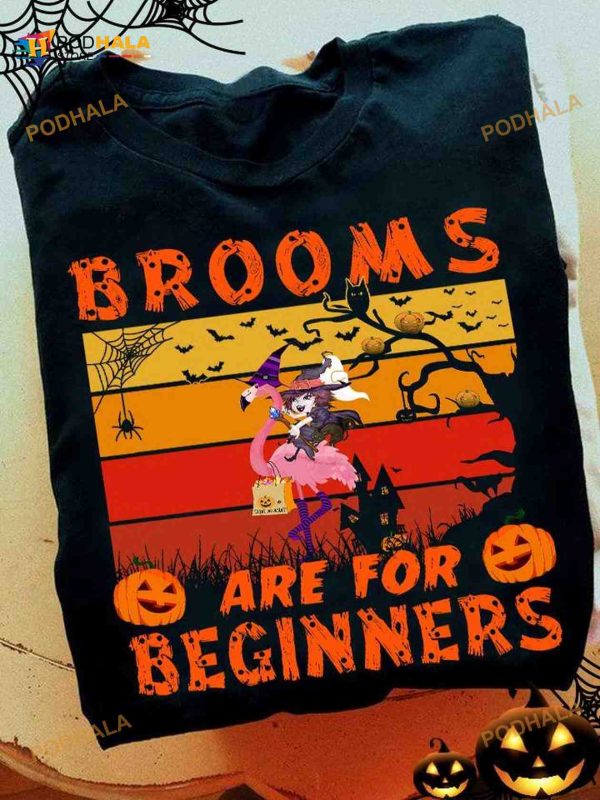 Brooms Are For Beginners Witch Riding Flamingo Funny Halloween Shirt