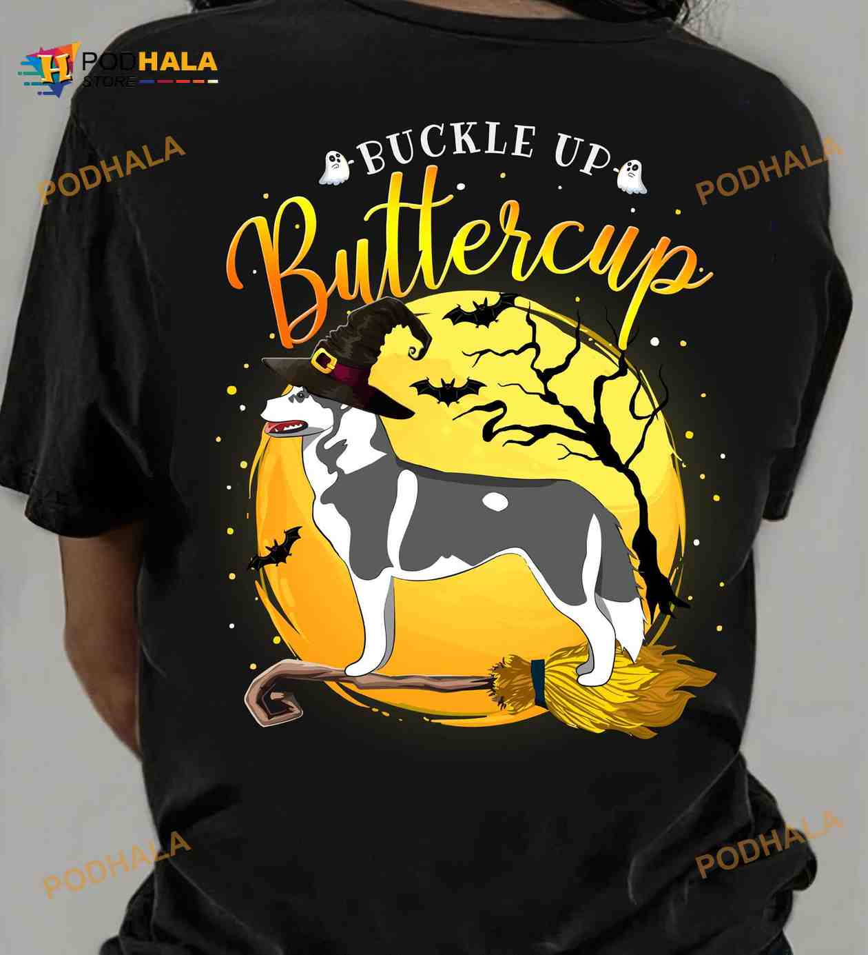 Buckle Up Buttercup Witch Husky Riding Broom Halloween Costume Shirt