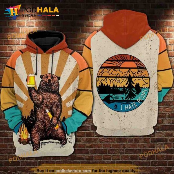 Camping Lover Bear I Hate People Over Print 3D Hoodie Sweatshirt