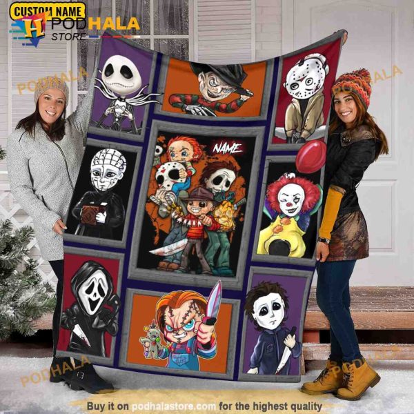 Chibi Horror Characters Fleece Blanket, Movie Character Quilt Halloween Gift