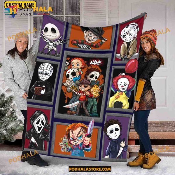 Chibi Horror Movies Fleece Blanket, Personalized Name Halloween Blanket, Halloween Quilt