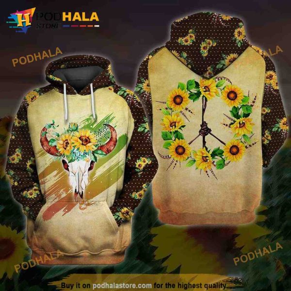 Cow Skull Sunflower Boho Peace Hippie 3D Hoodie Sweatshirt
