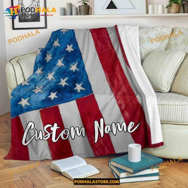 Custom Name American Flag Blanket, US Flag Quilt