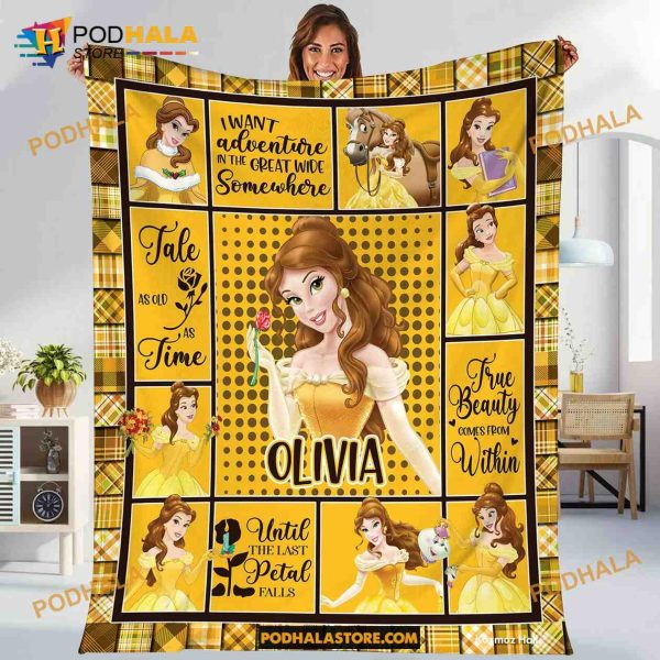 Custom Name Beauty and the Beast Disney Blanket, Belle Princess Blanket Fleece