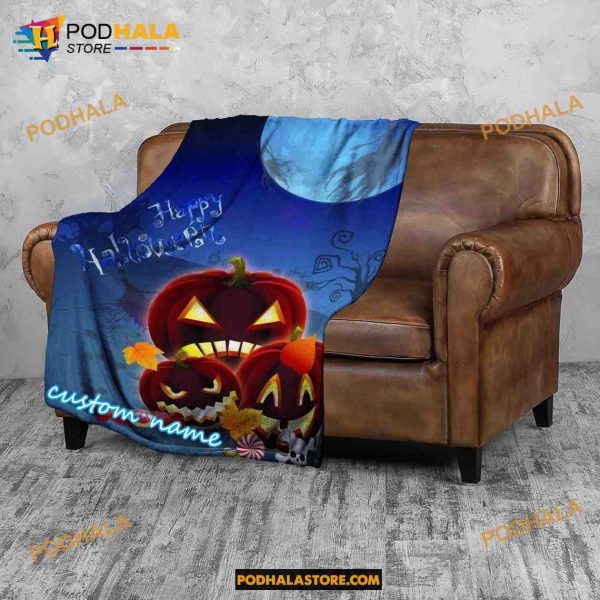 Custom Name Candy Pumpkin Halloween Blanket, Halloween Gift Ideas