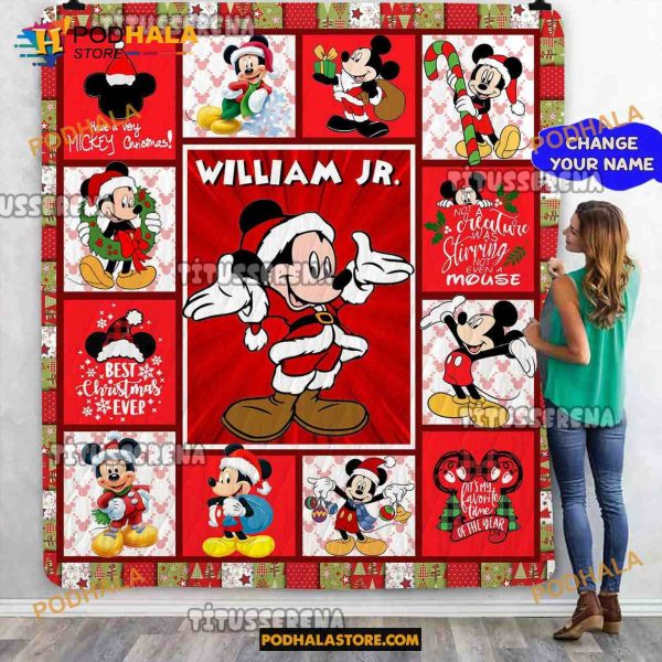 Custom Name Christmas Mickey Mouse Blanket, Mickey Mouse Quilt, Xmas Gift