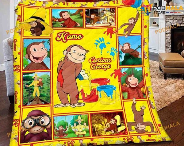 Custom Name Curious George Fleece Blanket, Curious George Birthday Gift For Kids