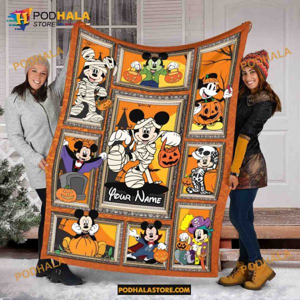 Custom Name Disney Mickey Mouse Mummy Halloween Blanket, Pumpkin Disney Quilt