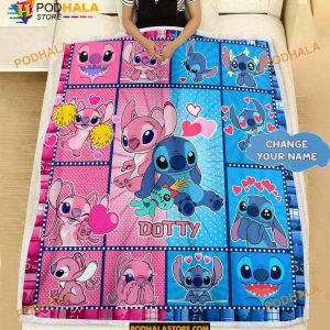 Custom Name Disney Stitch and Angel Fleece Blanket, Stitch Gift Ideas