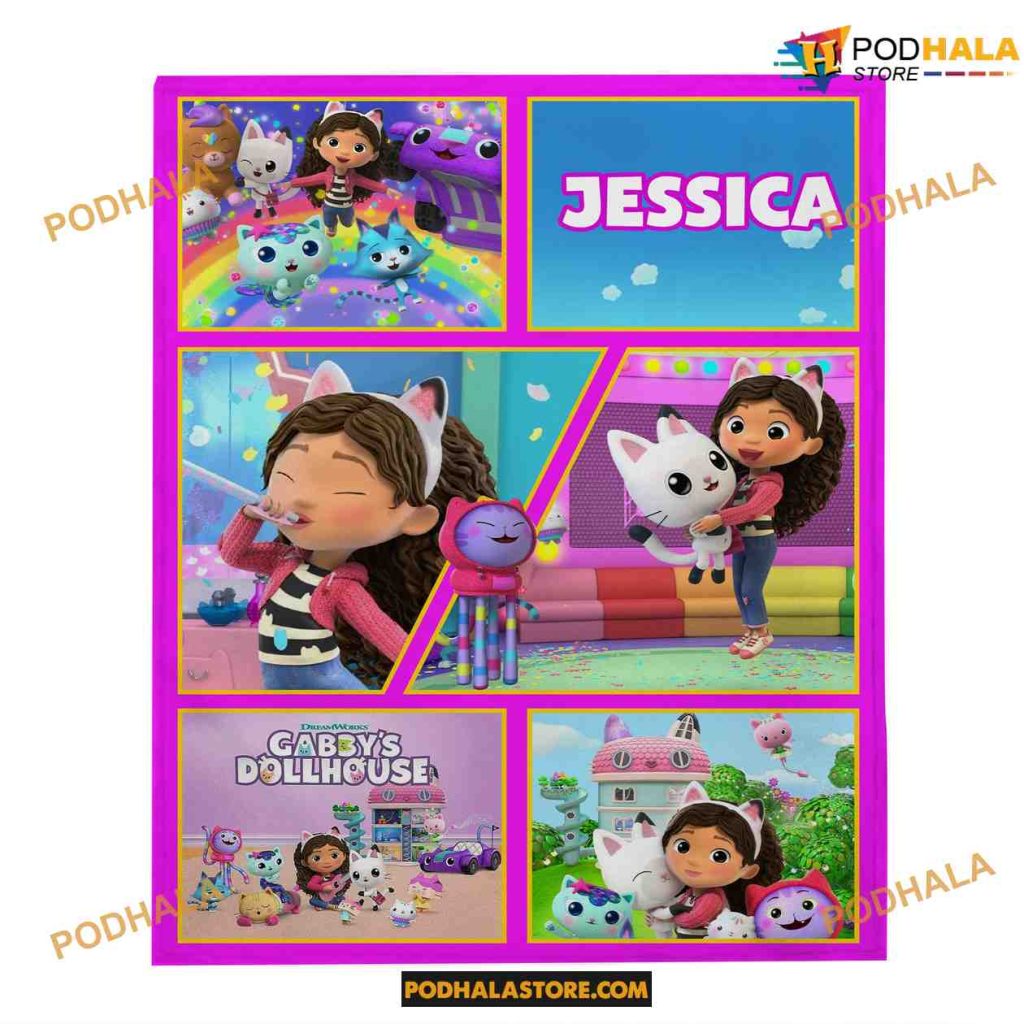 Custom Name Gabby's Dollhouse Velveteen Fleece Blanket, Gabby's