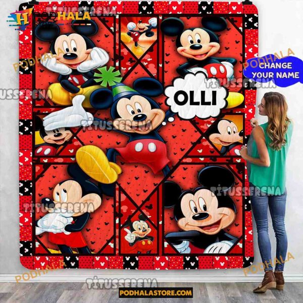 Custom Name Mickey Mouse Blanket, Xmas Gift Mickey Mouse Quilt