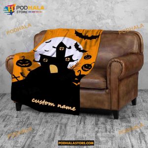 Custom Name Pumpkin Ghost Halloween Fleece Blanket, Scary Halloween Quilt 1