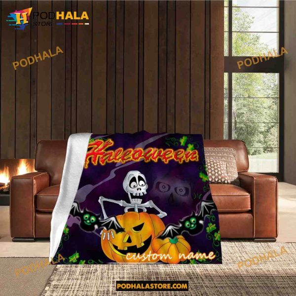 Custom Name Pumpkin Ghost Halloween Fleece Blanket, Scary Halloween Quilt 12