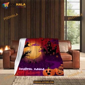 Custom Name Pumpkin Ghost Halloween Fleece Blanket, Scary Halloween Quilt 13