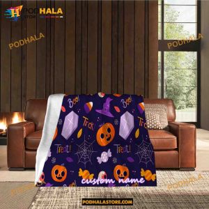 Custom Name Pumpkin Ghost Halloween Fleece Blanket, Scary Halloween Quilt 14