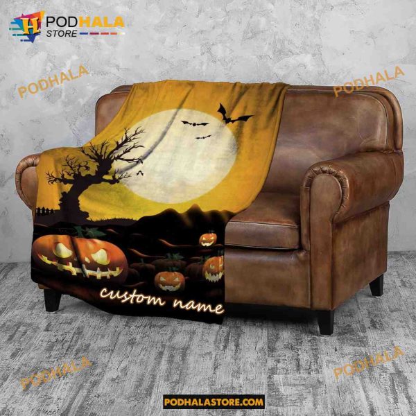 Custom Name Pumpkin Ghost Halloween Fleece Blanket, Scary Halloween Quilt 15