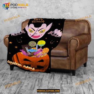Custom Name Pumpkin Ghost Halloween Fleece Blanket, Scary Halloween Quilt 2