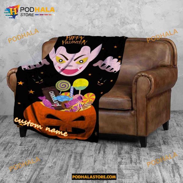 Custom Name Pumpkin Ghost Halloween Fleece Blanket, Scary Halloween Quilt 2
