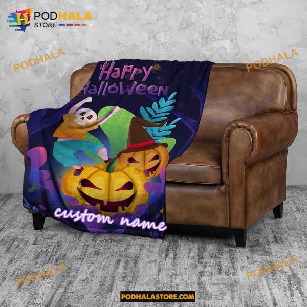 Custom Name Pumpkin Ghost Halloween Fleece Blanket, Scary Halloween Quilt 3