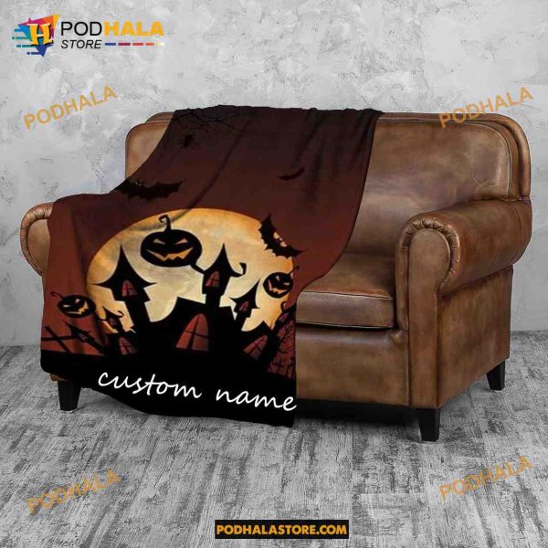 Custom Name Pumpkin Ghost Halloween Fleece Blanket, Scary Halloween Quilt 4