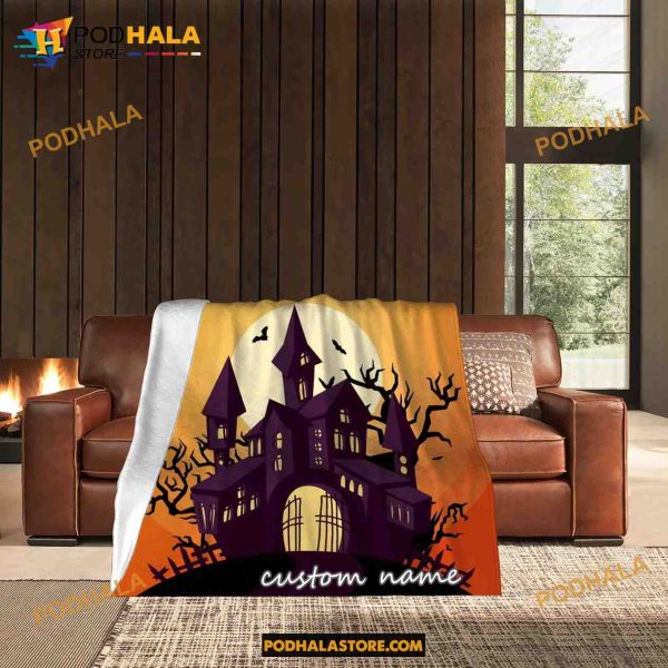 Custom Name Pumpkin Ghost Halloween Fleece Blanket, Scary Halloween Quilt 5