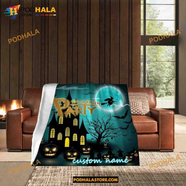Custom Name Pumpkin Ghost Halloween Fleece Blanket, Scary Halloween Quilt 6