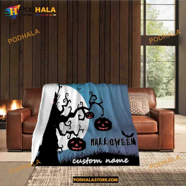Custom Name Pumpkin Ghost Halloween Fleece Blanket, Scary Halloween Quilt 7