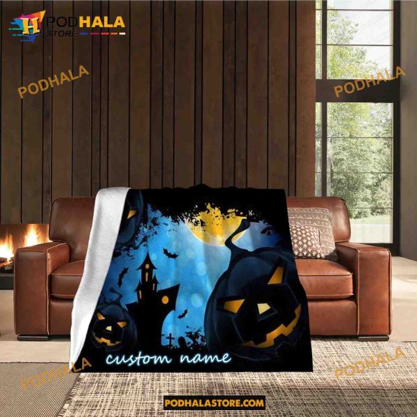 Custom Name Pumpkin Ghost Halloween Fleece Blanket, Scary Halloween Quilt 8