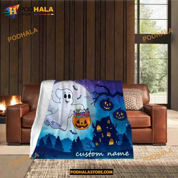 Custom Name Pumpkin Ghost Halloween Fleece Blanket, Scary Halloween Quilt 9
