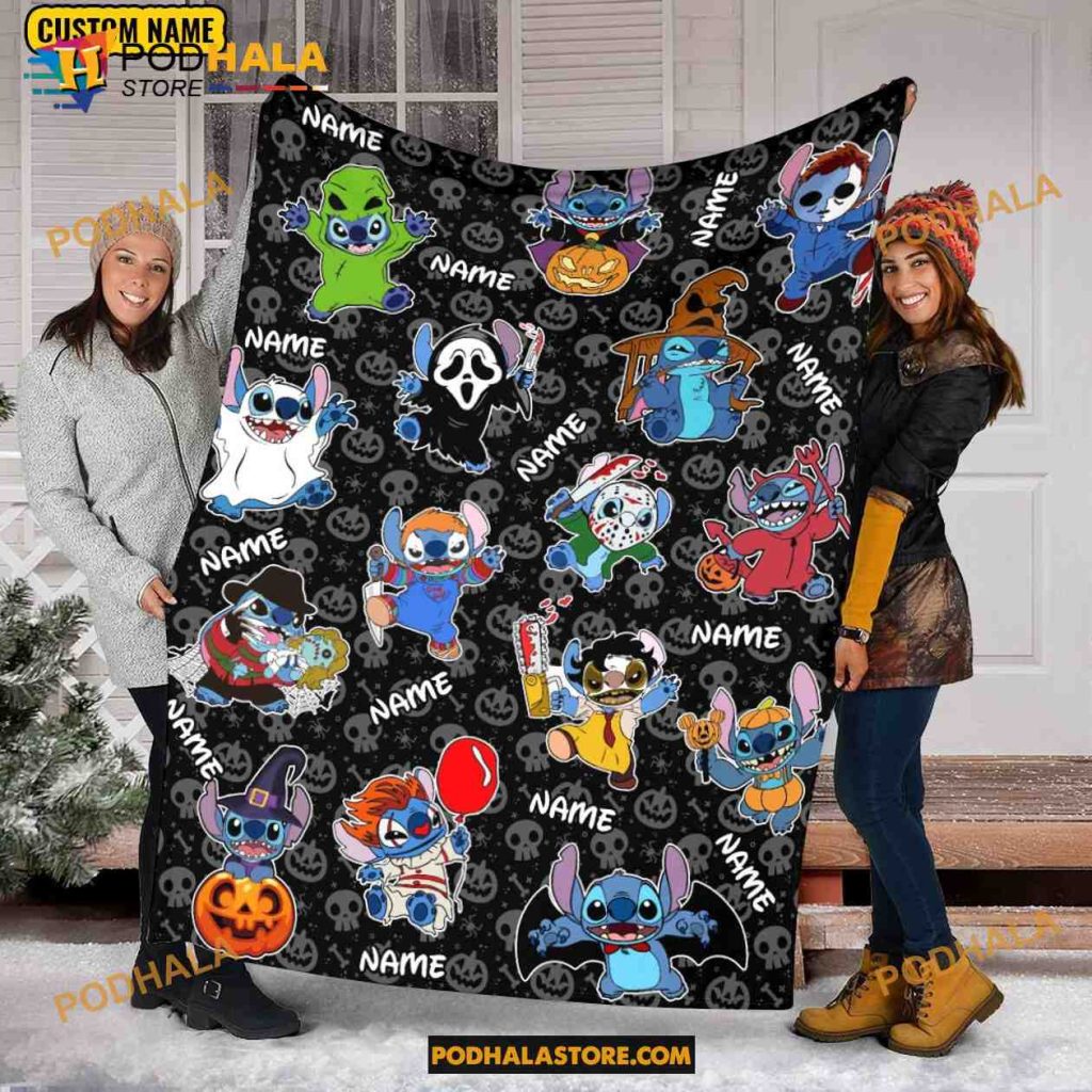 Custom Name Stitch Cosplay Horror Characters Halloween Blanket, Stitch Gift Ideas
