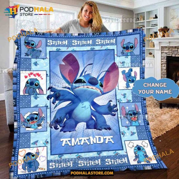 Custom Name Stitch and Lilo Blanket, Cute Stitch Blanket, Stitch Quilt
