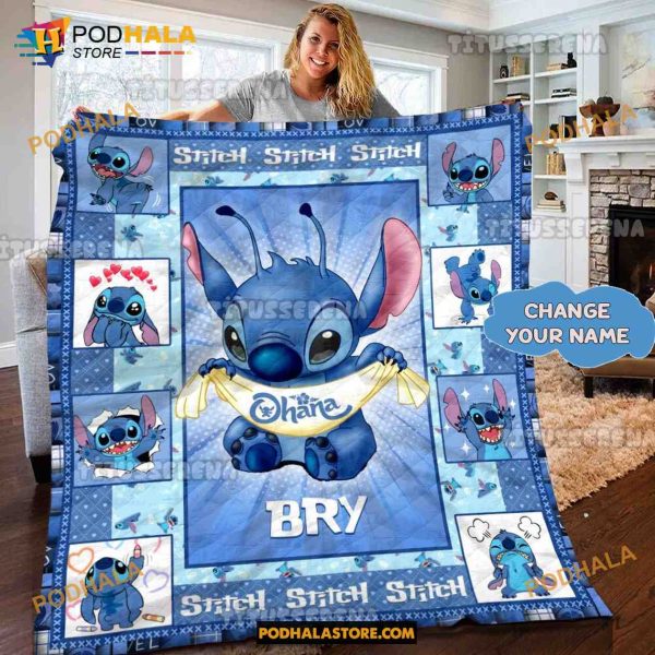 Custom Name Stitch and Lilo Blanket, Cute Stitch Quilt, Christmas Gift