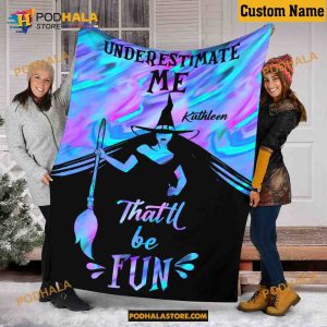 Custom Name Witch Halloween Blanket, Darkness On Moon Quilt