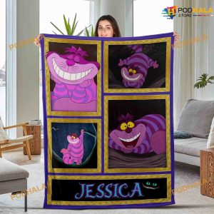 Custom Name with Cheshire Cat Fleece Blanket, Cheshire Cat Alice Cartoon Disney Blanket