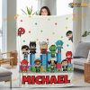 Custom Name with Chibi Super Hero Fleece Blanket, Avengers Team Funny Blanket