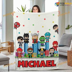 Custom Name with Chibi Super Hero Fleece Blanket, Avengers Team Funny Blanket