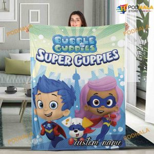 Customized Bubble Guppies Fleece Blanket, Personalized Name Bubble Guppies Cartoon Blanket